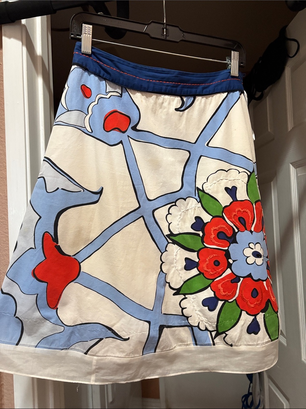 Florcat women’s small Floral A-Line Skirt in Cream & Blue